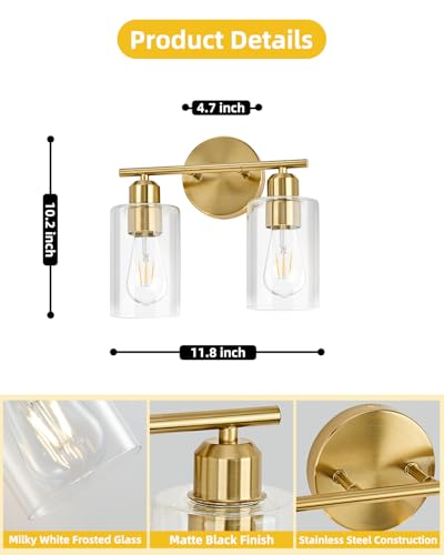 2Light Modern Vanity Lights - Gold, Clear Glass Shade, Wall Sconce for Bathroom & Bedroom, 2 Pack - color: Gold, size: 2 Light - 2 pack