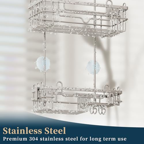 Consumest Over the Door Shower Caddy - 2-Tier Hanging Shower Organizer with Soap Holder, Rustproof Bathroom Storage and Organizer Rack for Shampoo, Towels, and Toiletries, Sand Nickel