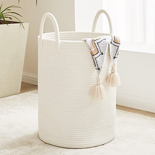 White Woven Rope Laundry Basket, 58L Tall Laundry Basket for Blanket Storage, Large Baby Nursery Hamper for Laundry, Decorative Clothes Hamper for Bedroom, Living Room - color: Beige, size: Tall(58L)