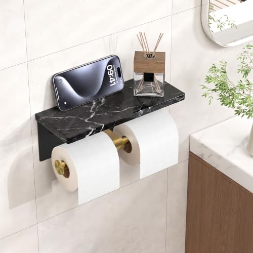 FORIOUS Toilet Paper Holder with Shelf, Commercial Toilet Paper Dispensers | Brushed Gold | Wall Mount Bathroom Tissue Holder | SUS304 Stainless Steel Rustproof | Double Tissue Roll Holder - color: Black & Gold-marble