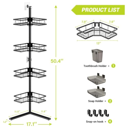 Standing Corner Shower Caddy - 4-Tier Rustproof Adjustable Shower Shelves | No Drill Floor Standing Shower Organizer, for Tall Shampoo, Conditioner, Fits Renters, Apartments, Bathtubs & Walk-in Showers