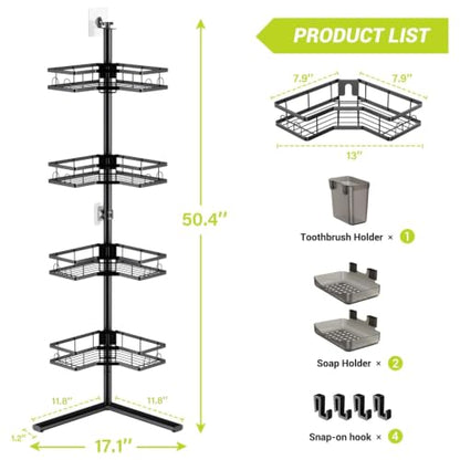 Standing Corner Shower Caddy - 4-Tier Rustproof Adjustable Shower Shelves | No Drill Floor Standing Shower Organizer, for Tall Shampoo, Conditioner, Fits Renters, Apartments, Bathtubs & Walk-in Showers