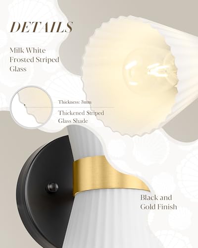 Wall Sconces Set of Two, HWH 14.3 Inch Black and Gold Bathroom Sconces with Frosted Milk White Striped Glass, Up Down Modern Wall Light fixtures for Living Room Bedroom, 5HZG97B-2W-2PK BK+BG - color: Black and Gold, size: 2-Light*2