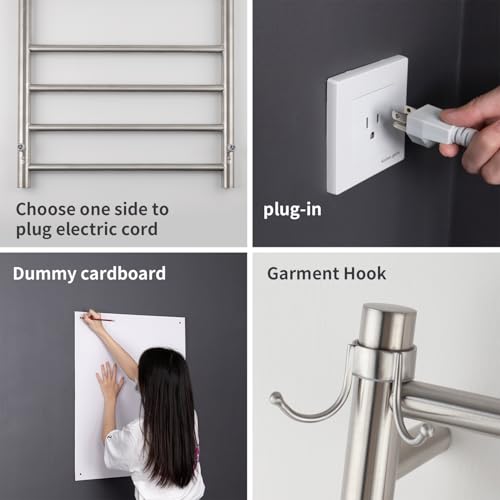 8-Bar Wall-Mounted Towel Warmer, Plug/Hardwired, 3 Timers | can be surface-mounted or flush-mounted, with wiring/cable exit available on either the right or left side,Brushed