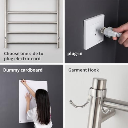 8-Bar Wall-Mounted Towel Warmer, Plug/Hardwired, 3 Timers | can be surface-mounted or flush-mounted, with wiring/cable exit available on either the right or left side,Brushed