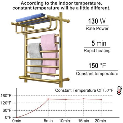 Gold Wall Mounted Heated Towel Rack, Gold Towel Warmer Rack for Bathroom, Timer & Temperature Control Electric Towel Drying Rack with Top Shelf (14 Bars with Top Shelf Brushed Gold A, Hardwired) - color: 14 Bars With Top Shelf Brushed Gold a, size: Hardwi