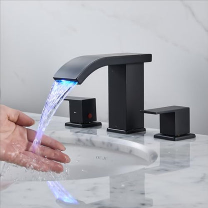 Bathroom faucets 3 Hole Widespread Modern Bathroom Sink Faucet 8 inch Matte Black Bathroom 3 Hole LED Light Waterfall Vanity Faucet Sink with Pop Up Drain (Matte Black) - color: Matte Black