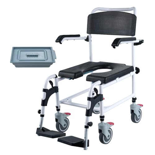 VEVOR Shower Commode Wheelchair with 4 Lockable Wheels, Footrests, Flip-up Arms, 3-Level Adjustable Height, 5L Removable Bucket, 350 LBS Capacity, Commode Chair for Adults Seniors | with 4 Lockable Wheels, Footrests, Flip-up Arms, 3-Level Adjustable Heigh