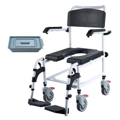 VEVOR Shower Commode Wheelchair with 4 Lockable Wheels, Footrests, Flip-up Arms, 3-Level Adjustable Height, 5L Removable Bucket, 350 LBS Capacity, Commode Chair for Adults Seniors | with 4 Lockable Wheels, Footrests, Flip-up Arms, 3-Level Adjustable Heigh