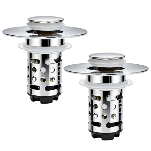 Upgraded 3 in 1 Bathroom Sink Drain Strainer, Universal Pop Up Stopper with Removable Stainless Steel Filter Basket Hair Catcher, Sink Plug for 1.1''~2.36'' Basin, Polished Chrome (2PC) - style: Polished Chrome (2PCS)
