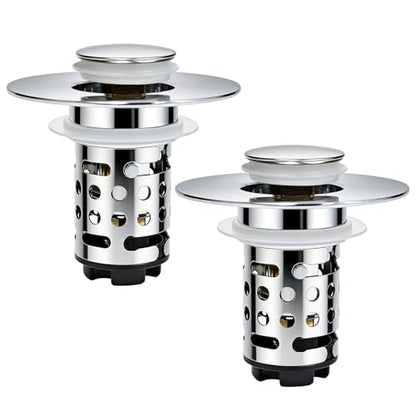 Upgraded 3 in 1 Bathroom Sink Drain Strainer, Universal Pop Up Stopper with Removable Stainless Steel Filter Basket Hair Catcher, Sink Plug for 1.1''~2.36'' Basin, Polished Chrome (2PC) - style: Polished Chrome (2PCS)