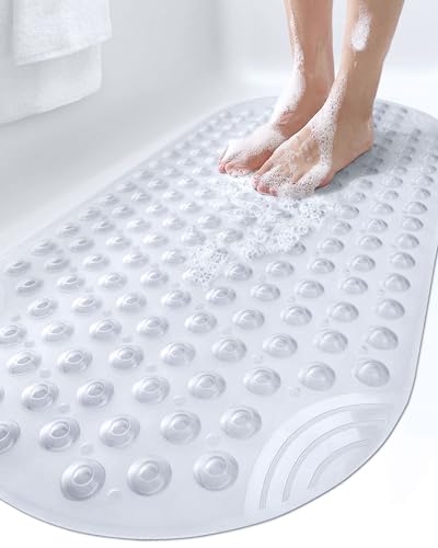 DEXI Bathtub Mat Non Slip 16x35, Shower Floor Mats for Bathroom Bath Tub | Clear Washable Oval Bathmat, Suction Cups and Drain Holes to Keep Tubs Clean - color: Clear