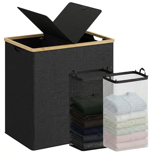 efluky Laundry Hamper with Lid, Double Laundry Basket with 2 Removable Bags, 2 Section Laundry Bin with Bamboo Handles for Bathroom, Bedroom & Laundry Room, 140L (36.9 Gallon) Black - color: Black, size: 140L Dual