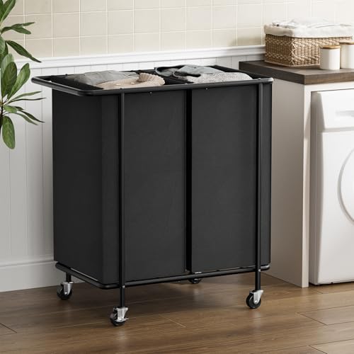 Double Laundry Hamper with Wheels & Lid, 200L Large Rolling Laundry Basket | Chrislley Sturdy Metal Laundry Cart 2 Section with Long Handle and Removable Bags,Dirty Clothes Hamper for Laundry Room,Black - color: Black, size: 200L(29.7"L x 16.9"W x 33.1"H)