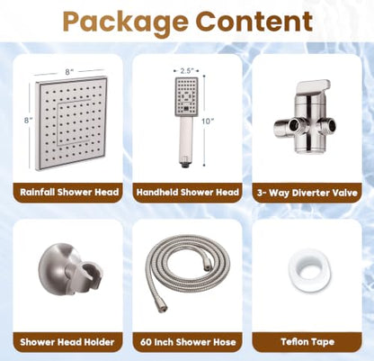 BRIGHT SHOWERS Rain Shower Head with Handheld Spray, 8 Inch Rainfall Shower Head Combo with 60" Hose, Adjustable Dual Square Showerhead Set with 3-Way Diverter, Wall Bracket, Brushed Nickel - color: Brushed Nickel, style: Dual Shower Head