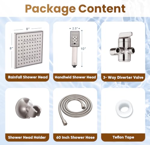 BRIGHT SHOWERS Rain Shower Head with Handheld Spray, 8 Inch Rainfall Shower Head Combo with 60" Hose, Adjustable Dual Square Showerhead Set with 3-Way Diverter, Wall Bracket, Brushed Nickel - color: Brushed Nickel, style: Dual Shower Head