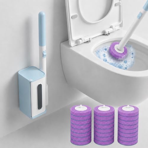 Disposable Toilet Bowl Cleaner Wand with Holder Set, Wall-Mounted | Hands Free Toilet Scrubber Wand, Bathroom Cleaning Supplies, 1 Wand and Holder with 24 Purple Refills, Light Lavender Scent