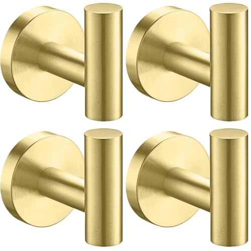 Nolimas Bathroom Towel Hooks, SUS 304 Stainless Steel Coat Hook Round Clothes Towel Coat Robe Hook Cabinet Closet Door Sponges Holder for Bath Kitchen Garage Hotel, Wall Mounted, Brushed Gold, 4Pack - color: 4pcs Brushed Gold
