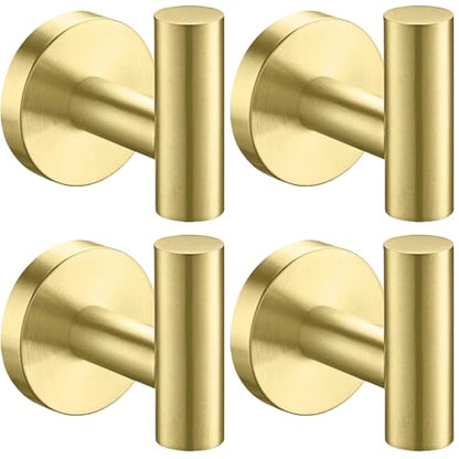 Nolimas Bathroom Towel Hooks, SUS 304 Stainless Steel Coat Hook Round Clothes Towel Coat Robe Hook Cabinet Closet Door Sponges Holder for Bath Kitchen Garage Hotel, Wall Mounted, Brushed Gold, 4Pack - color: 4pcs Brushed Gold