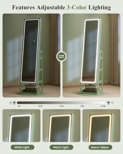 Standing Jewelry Cabinet Mirror with Adjustable LED Light Green | 63" Lockable Jewelry Armoire Organizer with 4 Rear Shelves & Hooks, 360° Swivel, for Bedroom, Living Room, Women Girls Gift - color: Green