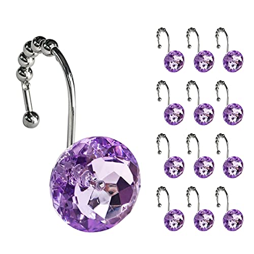 Sunlit Luxury Design Round Purple Diamond Crystal Gem Bling with Glide Balls Shower Curtain Hooks, Rust Proof Metal Rhinestones Glam Shower Curtain Rings-12 Pack - color: Purple