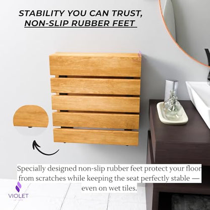 Folding Wall Mounted Teak Wood Shower Seat with Backrest, Water Resistant Foldable Bathroom Stool with Legs, Premium Materials Handmade Shoe Changing Bench, Space Saving and Super Safe Chair (Natural) - color: Natural