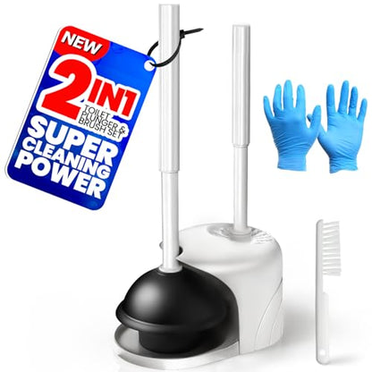 4in1 Toilet Plunger and Brush Set - Home Bathroom Cleaning Tools | 21", Groove Gap Brush, Cleaning Gloves, Heavy Duty Toilet Bowl Cleaner, Apartment Must Haves Bathroom Decor, White - color: White