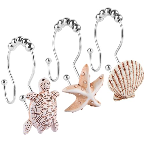 Double Shower Curtain Hooks,12Pcs Seashell Decorative Shower Curtain Rings | Double Seashells Decorative Shower Curtain Hooks Rings Resin Nautical Bathroom Decoration Beach Hooks
