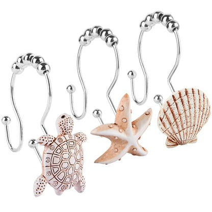 Double Shower Curtain Hooks,12Pcs Seashell Decorative Shower Curtain Rings | Double Seashells Decorative Shower Curtain Hooks Rings Resin Nautical Bathroom Decoration Beach Hooks