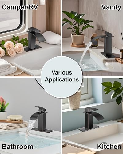 Midanya Waterfall Bathroom Faucet 1 Hole,Oil Rubbed Bronze | with 24” Hoses,Pop Up Drain,6” Deck Plate,for 1 or 3 Hole Vanity,Lavatory,RV,Single Handle Bathroom Sink Faucet,NSF Certified - color: Bronze
