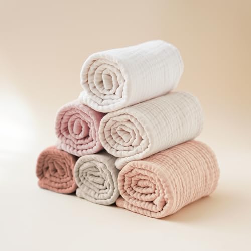 Konssy 6-Pack Thick Muslin Baby Burp Cloths, 6-Layer Ultra Soft Cotton | 100% Cotton, Burp Rags for Baby Drool & Messes, Wash Durable, Absorbent & Durable, Burping Cloths for Boys & Girls (Beige) - color: Beige