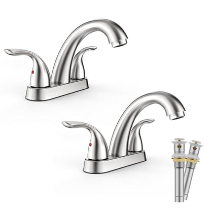 Centerset 4 Inch Brushed Nickel 2 or 3 Holes Stainless Steel Bathroom Sink Faucet 2 Pack, 2 Handle Bathroom Faucet with Copper Pop Up Drain and Water Supply Lines, BF008-5-BN-2PACK - color: Brushed Nickel, style: 2 Pack