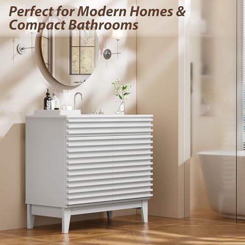APRILSOUL 36" Bathroom Vanity with Ceramic Sink, Mid-Century Bathroom Vanity Cabinet with 2 Soft Closing Doors, Freestanding Bathroom Cabinet, Particleboard Frame with Wood Grain Laminate, White - color: White/ White Sink, size: 36 Inch