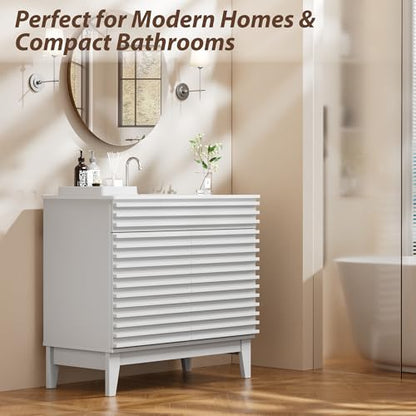 APRILSOUL 36" Bathroom Vanity with Ceramic Sink, Mid-Century Bathroom Vanity Cabinet with 2 Soft Closing Doors, Freestanding Bathroom Cabinet, Particleboard Frame with Wood Grain Laminate, White - color: White/ White Sink, size: 36 Inch