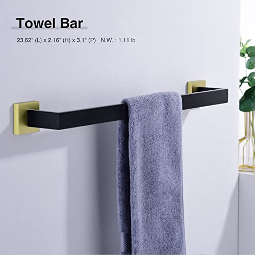 TRUSTMI 5-Piece Bathroom Hardware Set Wall Mount, Black/Gold | SUS304 stainless steel, laser-welded seamless, 23.6" bar, 10.6" ring, 6.3" holder, 2 hooks, hardware included - color: Brushed Gold & Black
