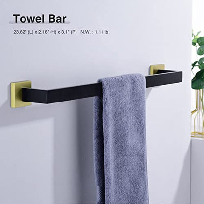 TRUSTMI 5-Piece Bathroom Hardware Set Wall Mount, Black/Gold | SUS304 stainless steel, laser-welded seamless, 23.6" bar, 10.6" ring, 6.3" holder, 2 hooks, hardware included - color: Brushed Gold & Black