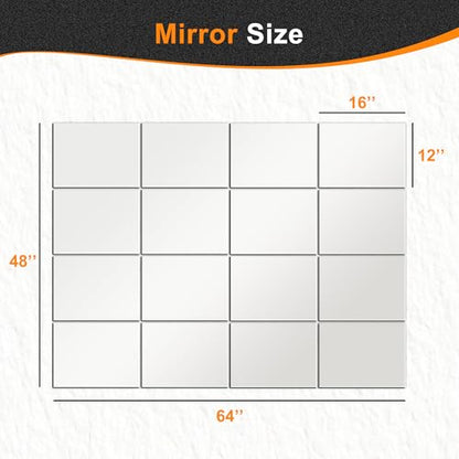 Home Gym Mirror Tiles, 16x12'', 16-Piece, Large Square Workout Mirrors | Full Body Wall Mirror, For Garage, Bedroom, Bathroom - size: 16''x12''-16PCS