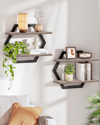 Hexagon Floating Shelves for Wall, Set of 2, 2 -Tier Hanging Shelves, Wall Mounted Storage Shelves, for Living Room, Bedroom, Kitchen, Home Office, Study, Greige TBJ06P2BG - color: Greige + Black