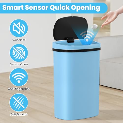 13 Gallon Automatic Kitchen Trash Can with Lid, Touchless Motion Sensor Garbage Can - Hygienic, Odor Control, Waterproof Waste Bin for Kitchen Bathroom Bedroom Office (50L), PP Plastic, Blue - color: Blue