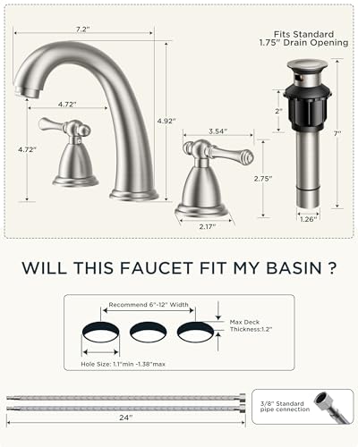FORIOUS Bathroom Faucet 3 Hole Widespread 8" Sink Faucets Brushed Nickel | 3-hole 6-12 Inch Widespread Sink, 2 Lever Handle, with Drain and Hoses,for Vanity Rv Commercial Lavatory Restroom Farmhouse - color: Stainless Steel, style: Classic