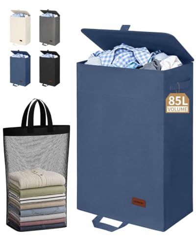 85L Laundry Hamper with Lid, Large Clothes Basket, Blue | Foot Loop & Removable Bag Easy to Lift and Carry, Tall & Collapsible Laundry Basket for Bathroom, Bedroom, Laundry Room, Dorm - color: Bule