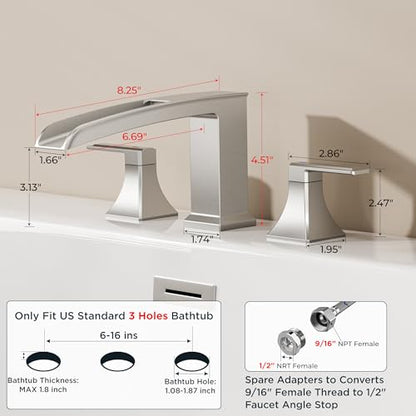 FORIOUS Roman Bathtub Faucet 3 Hole Deck Mount with 2 Handle Brushed Nickel | Tub Faucet for 3-Hole Set, 6-12" Centered Distance, Widespread Garden Bath Tub, Waterfall Spout, High Flow, Brass - color: Brushed Nickel