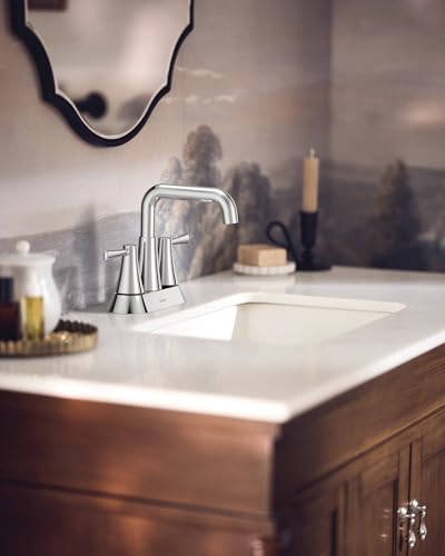 Moen Ronan Chrome Two-Handle 4 in. Centerset Modern Double Bend Bathroom Faucet with Push-Down Drain, 84025 - color: Chrome, style: 2-Handle Centerset