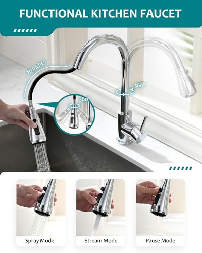VFAUOSIT Kitchen Faucet with Pull Down Sprayer, Polished Chrome High Arc | 3 Spray Modes, 360° Swivel, Lead-Free SUS304 Steel, cUPC/CEC Certified, Fingerprint-Resistant Finish, Ceramic Disc Valve - color: Chrome