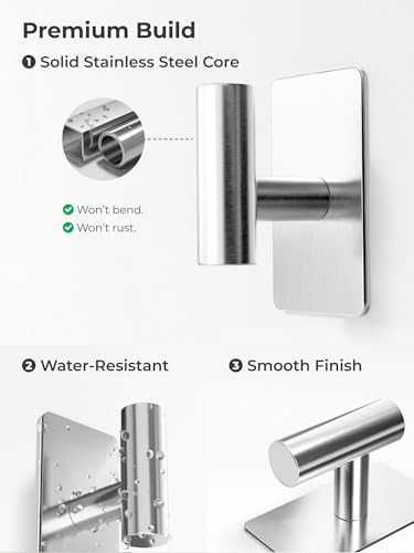 Wall Towel Hooks, Heavy Duty Adhesive Hooks(Brushed Silver, 2 Pack) | Self-Adhesive, Stainless Steel, Rust Resistant, No Drill, Easy Install, Space Saving - color: Silver, size: 2 Pack