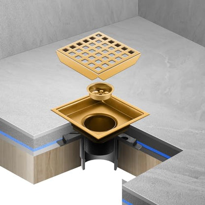Shower Drain, Brushed Gold 4 inch Shower Floor Square Drain with Flange, Removeable Grid Panel SUS 304 Stainless Steel Square Shower Drain - color: Brushed Gold, size: 4 inch