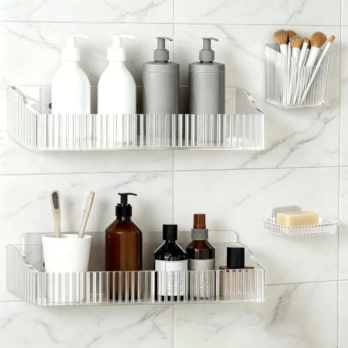 Acrylic Shower Caddy Adhesive, 4 Pack No Drilling Clear Bathroom Organizer Wall Shelf with Soap & Toothbrush Holder, Strong Stick for Shower Shelves Bathroom Storage rack - style: Acrylic Shower Caddy