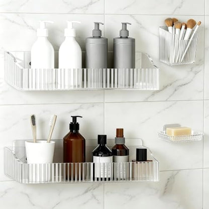 Acrylic Shower Caddy Adhesive, 4 Pack No Drilling Clear Bathroom Organizer Wall Shelf with Soap & Toothbrush Holder, Strong Stick for Shower Shelves Bathroom Storage rack - style: Acrylic Shower Caddy