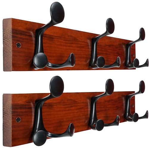 WEBI Coat Rack Wall Mount,17" Solid Wood Coat Hooks Wall Mounted Coat Hanger,16" Hole to Hole,Heavy Duty Hook Rack Rail,3 Triple Hooks for Hanging Coats,Jacket,Clothes,Hat,Backpack,Cherry,2 Packs - color: Cherry, size: 17 Inch(2 Pcs)