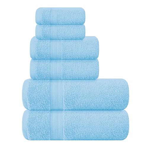 BOUTIQUO 6 Pack Cotton Towel Set, Contains 2 Bath Towels 27x54 inch, 2 Hand Towels 16x24 inch & 2 Wash Coths 12x12 inch, Ideal Everyday use, Ultra Soft Compact & Lightweight - Sky Blue - color: Sky Blue, size: 6 Piece Towel Set